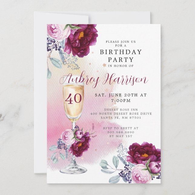 Invitation 40e anniversaire Champagne Verre Floral Anniversai (Devant)