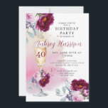 Invitation 40e anniversaire Champagne Verre Floral Anniversai<br><div class="desc">Une élégante invitation à l'anniversaire de 40e anniversaire avec une coupe de champagne florale,  des fleurs roses et bordeaux,  et un arrière - plan de lavage à l'aquarelle dans les tons roses,  avec un élégant nom signature script. Design et moderne. Fête de champagne à thème anniversaire.</div>