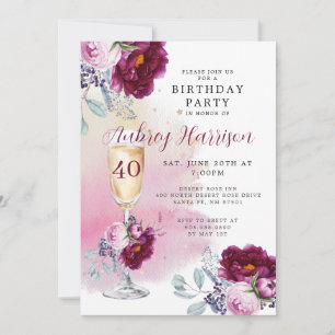 Invitation 40e anniversaire Champagne Verre Floral Anniversai