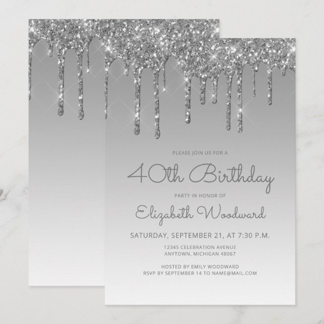 Invitation 40e anniversaire chic paillettes gouttes d'argent (Devant / Derrière)