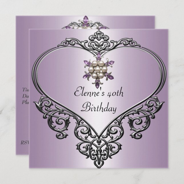 Invitation 40e anniversaire cœur doux mauve violet perle bijo (Devant / Derrière)
