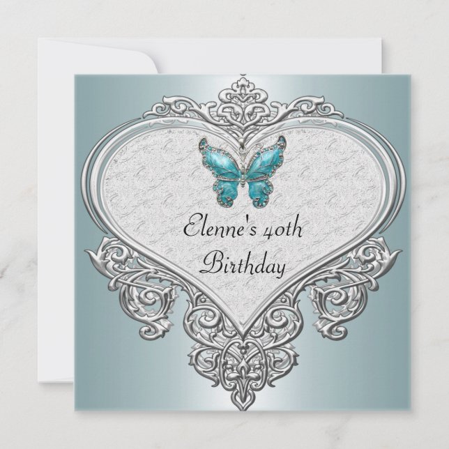 Invitation 40e Anniversaire Coeur doux Turquoise Bleu Papillo (Devant)