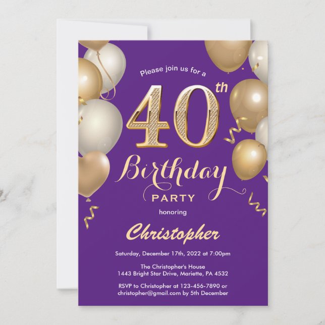 Invitation 40e anniversaire Confetti de ballons violet et or (Devant)