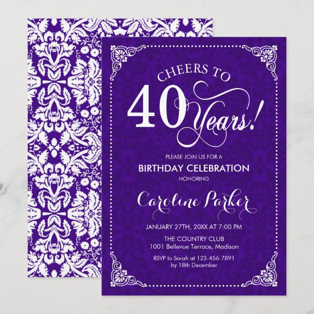 Invitation 40e anniversaire - Damas blanc violet (Devant / Derrière)