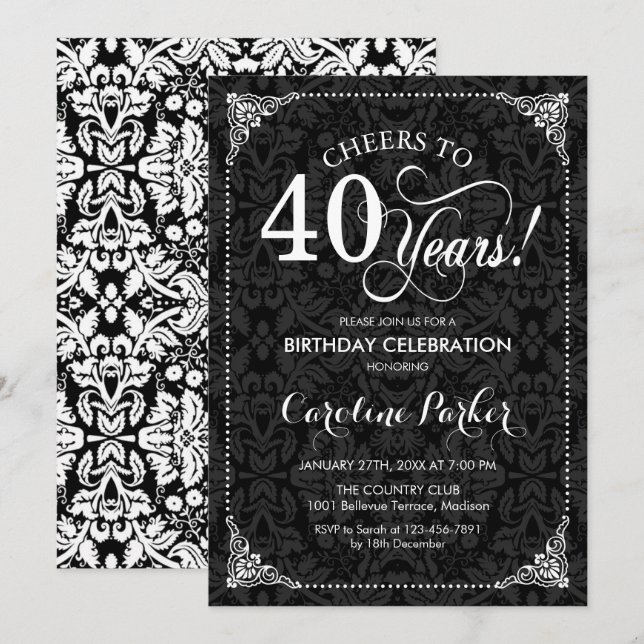 Invitation 40e anniversaire - Damas noir et blanc (Devant / Derrière)