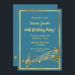 Invitation 40e anniversaire de fête or notes de musique bleu<br><div class="desc">Faisons la fête et dansons ! Une carte d'invitation branchée et moderne pour 40ème anniversaire pour hommes et femmes. arrière - plan turquoise,  bleu vert,  avec cadre faux or et notes de musique,  lettres dorées. Modèles pour vos informations de fête. Retour : faux notes de musique dorée.</div>
