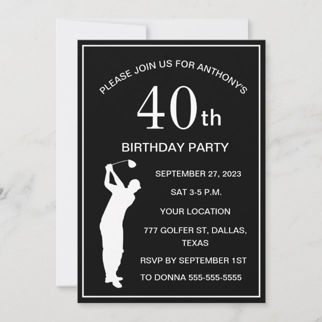 Invitation 40e Anniversaire de la fête Golfer Black Par Adult (Devant)