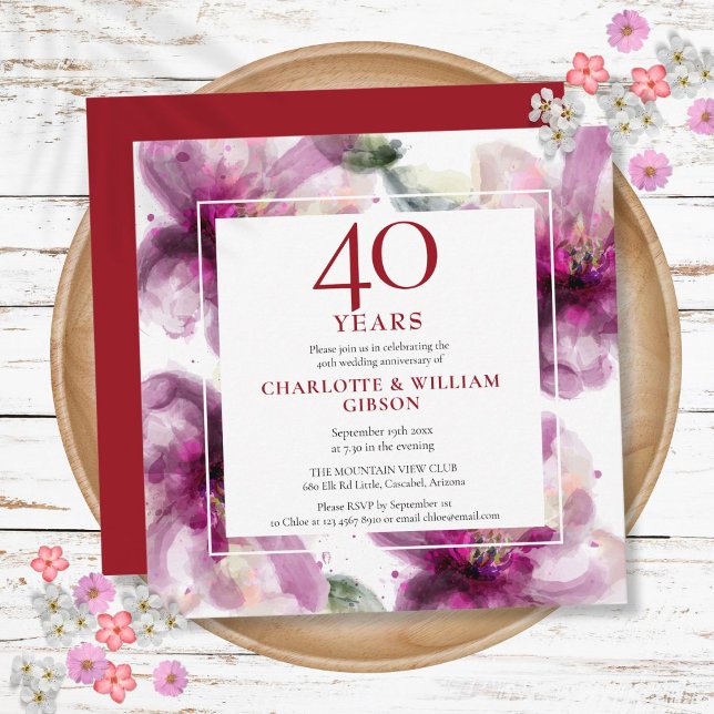 Invitation 40e anniversaire de mariage au rubis aquarelle flo (40th Ruby Wedding Anniversary Watercolor Floral Invitation)