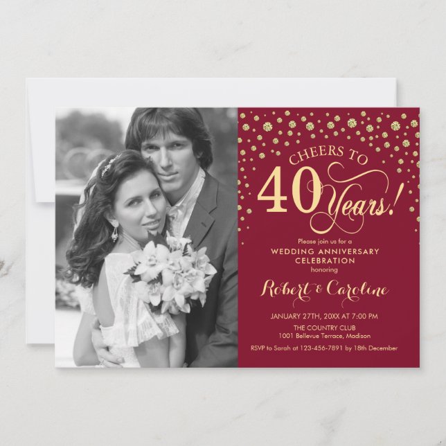 Invitation 40e anniversaire de Mariage avec photo - Or rouge (Devant)