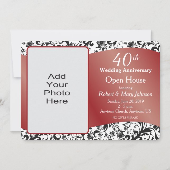 Invitation 40e anniversaire de mariage Black Swirl & Ruby (Devant)