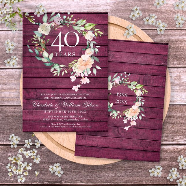 Invitation 40e anniversaire de mariage Bois Rouge Rubis Flora (40th Ruby Red Wood Floral Wedding Anniversary Invitation)