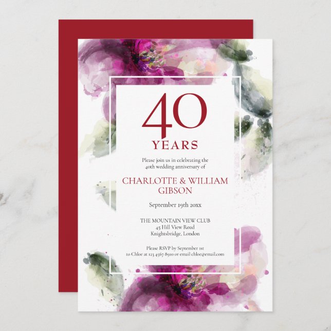 Invitation 40e Anniversaire de Mariage Chic Fleurs de Lys Flo (Devant / Derrière)