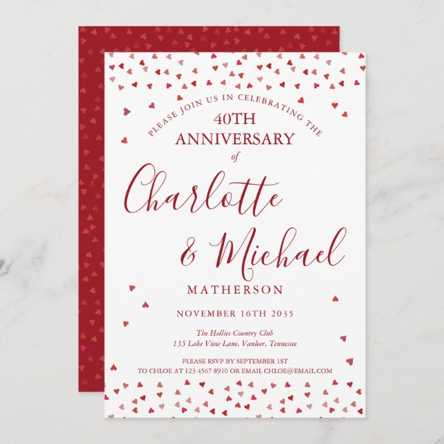 Invitation 40e Anniversaire de Mariage Cœurs de Rubis Écritur (Devant / Derrière)