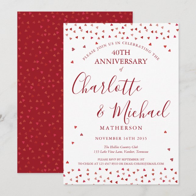 Invitation 40e Anniversaire de Mariage Cœurs de Rubis Script (Devant / Derrière)