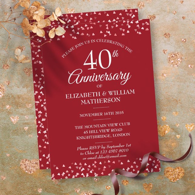 Invitation 40e Anniversaire de Mariage Cœurs Rubis (40th Wedding Anniversary Ruby Hearts Invitation)