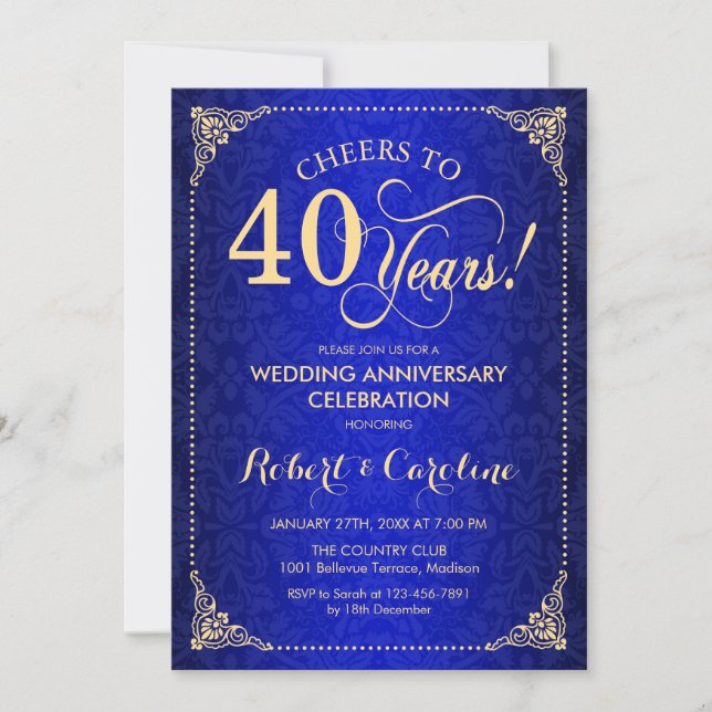 Invitation 40e anniversaire de mariage - Damask or et bleu (Devant)