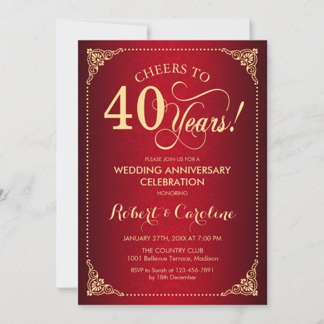 Invitation 40e anniversaire de mariage - Damask or et rouge (Devant)