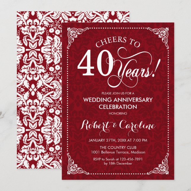 Invitation 40e anniversaire de mariage - Damask rouge blanc (Devant / Derrière)