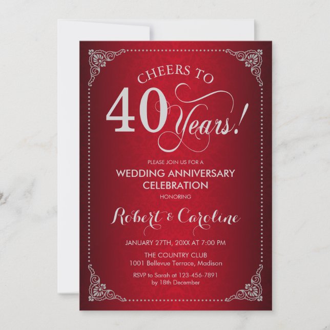 Invitation 40e anniversaire de mariage - Damassé argent rouge (Devant)