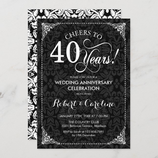 Invitation 40e anniversaire de mariage - Damassé noir et blan (Devant / Derrière)
