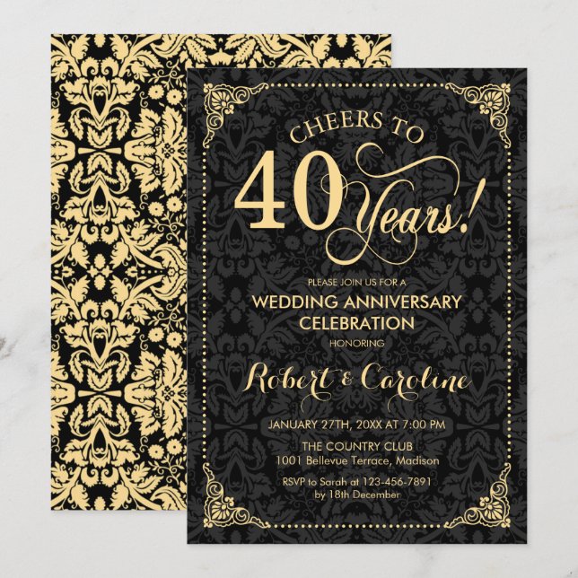 Invitation 40e anniversaire de mariage - Damassé noir or (Devant / Derrière)