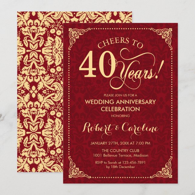 Invitation 40e anniversaire de mariage - Damassé or rouge rub (Devant / Derrière)