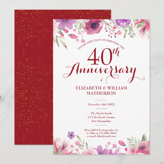 Invitation 40e anniversaire de mariage de rubis aquarelle flo (Devant / Derrière)