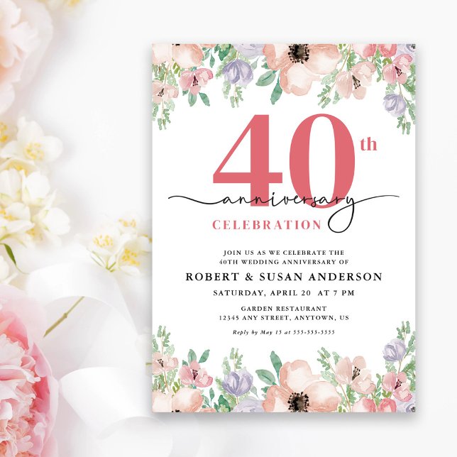 Invitation 40e anniversaire de mariage Élégant Floral (Créateur téléchargé)