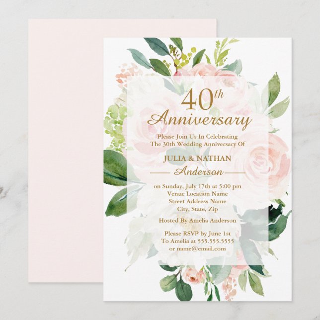 Invitation 40e anniversaire de mariage Elegant Rose Fleurie (Devant / Derrière)