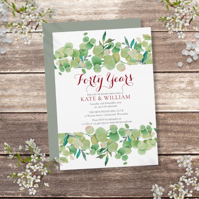 Invitation 40e anniversaire de mariage en rubis Chic verdure  (40th Ruby Wedding Anniversary Chic Greenery Invitation)