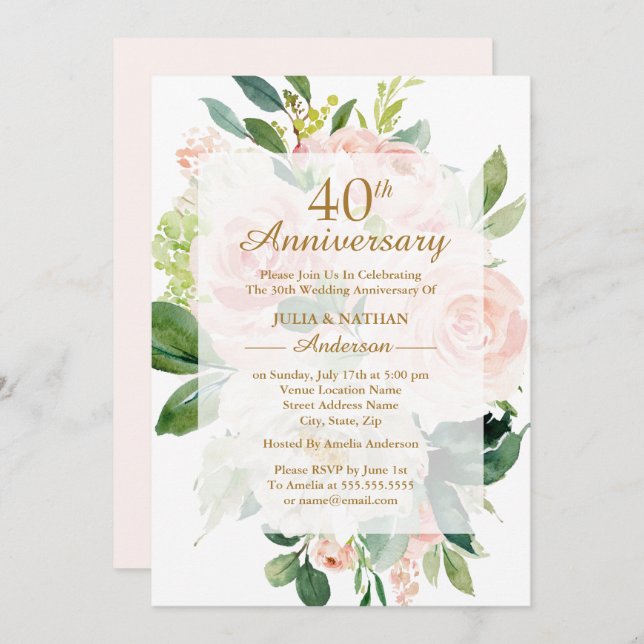 Invitation 40e anniversaire de mariage Fleurs de pêcher éléga (Devant / Derrière)