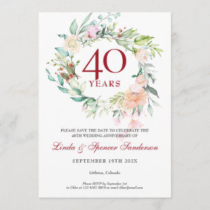 Invitation 40e Anniversaire de Mariage Floral Enregistrer la 