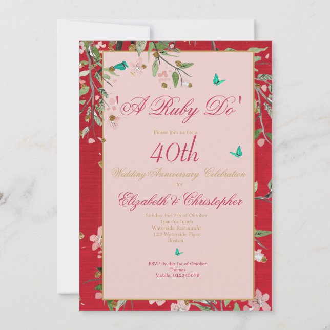 Invitation 40e Anniversaire de Mariage Floral Rouge Un Ruby D (Dos)