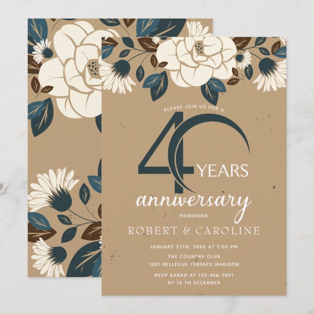 Invitation 40e anniversaire de mariage Floral Rustique (Devant / Derrière)