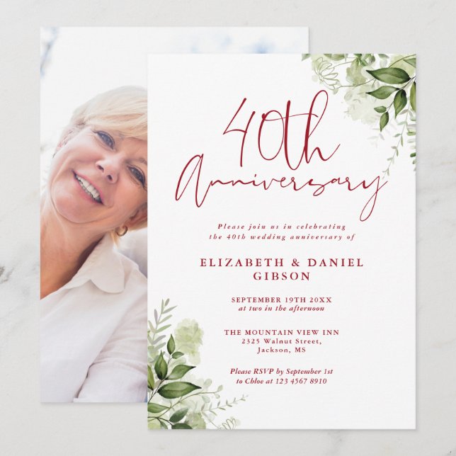 Invitation 40e anniversaire de mariage Floral verd (Devant / Derrière)