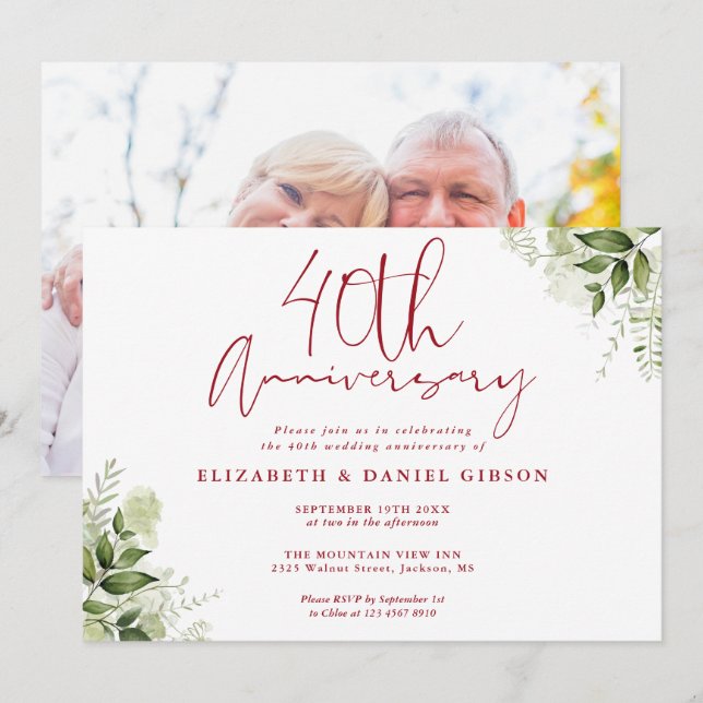 Invitation 40e anniversaire de mariage Floral verd (Devant / Derrière)