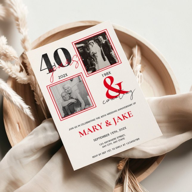 Invitation 40e anniversaire de mariage Hier & aujourd'hui 40  (40th wedding anniversary invitation with photos then and now)