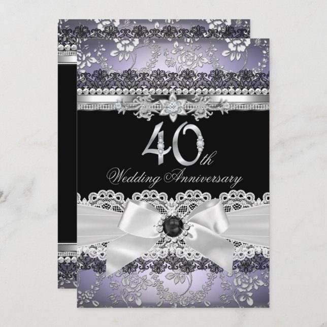 Invitation 40e anniversaire de mariage perle argent violet en (Devant / Derrière)