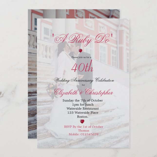 Invitation 40e anniversaire de mariage photo élégant Un rubis (Devant / Derrière)