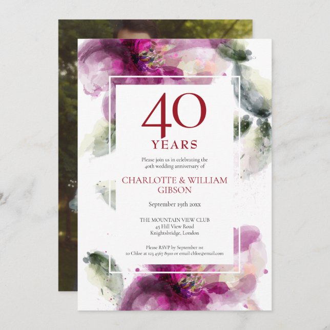 Invitation 40e anniversaire de mariage photo Lilies Floral  (Devant / Derrière)
