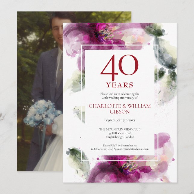 Invitation 40e anniversaire de mariage photo lis floral  (Devant / Derrière)