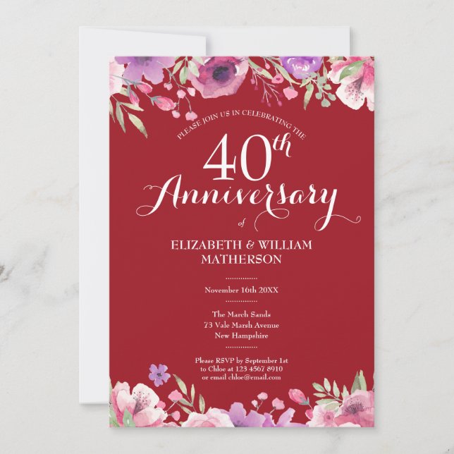 Invitation 40e anniversaire de mariage photo Roses florales (Devant)