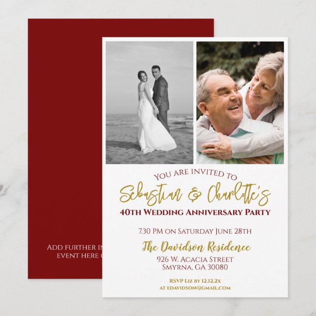Invitation 40e anniversaire de Mariage Photo Ruby (Devant / Derrière)