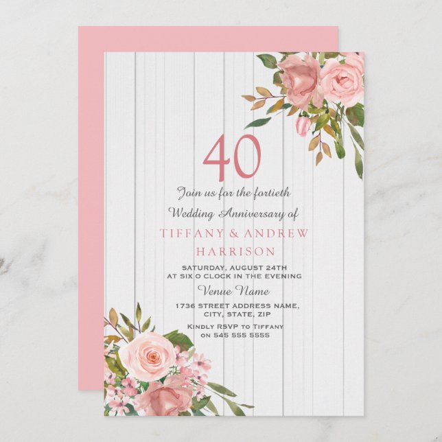 Invitation 40e anniversaire de mariage Rose Gold White Blush (Devant / Derrière)