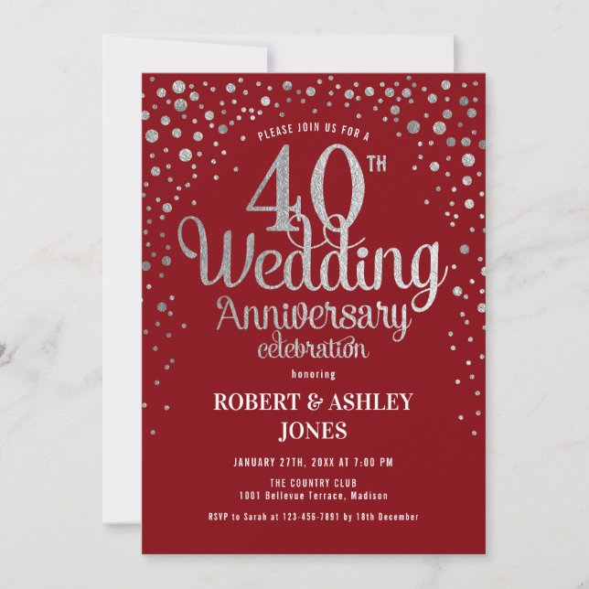 Invitation 40e anniversaire de mariage - Rouge rubis et argen (Devant)