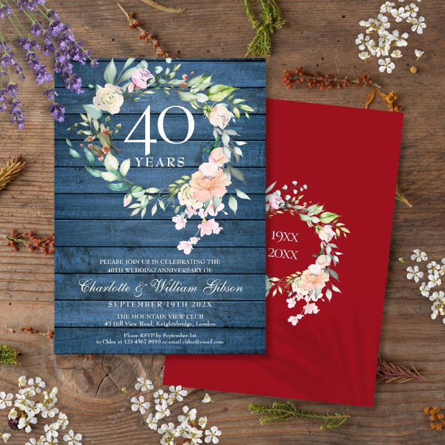 Invitation 40e anniversaire de mariage Rubis Bleu Floral Rust (40th Ruby Wedding Anniversary Blue Rustic Floral Invitation)