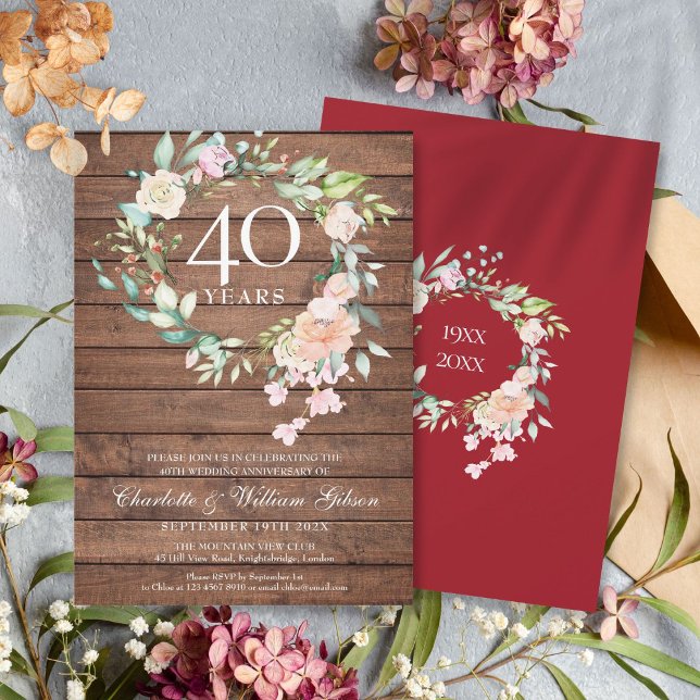 Invitation 40e anniversaire de mariage Rubis Bois Floral Rust (40th Ruby Wedding Anniversary Rustic Wood Floral Invitation)