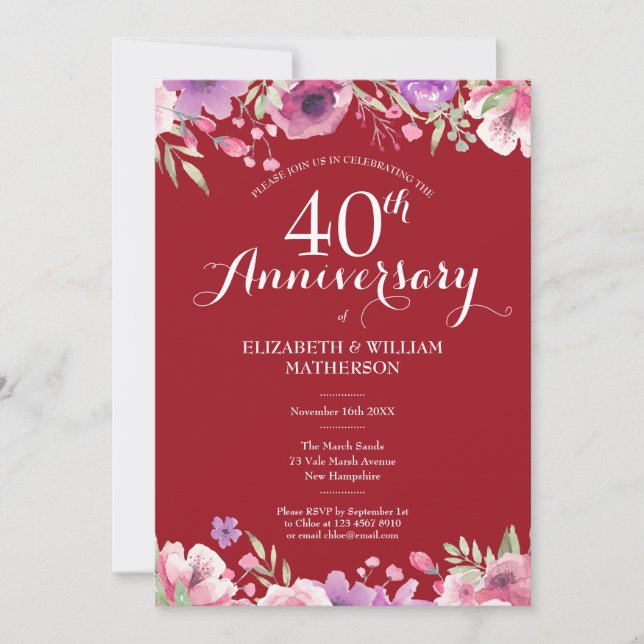Invitation 40e anniversaire de mariage rubis Chic Floral Coun (Devant)