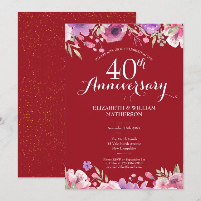 Invitation 40e anniversaire de mariage rubis Chic Floral Coun (Devant / Derrière)
