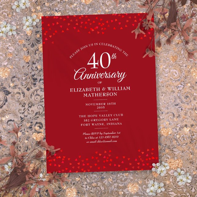 Invitation 40e anniversaire de mariage Rubis Cœurs de confett (40th Wedding Anniversary Ruby Love Hearts Confetti Invitation)